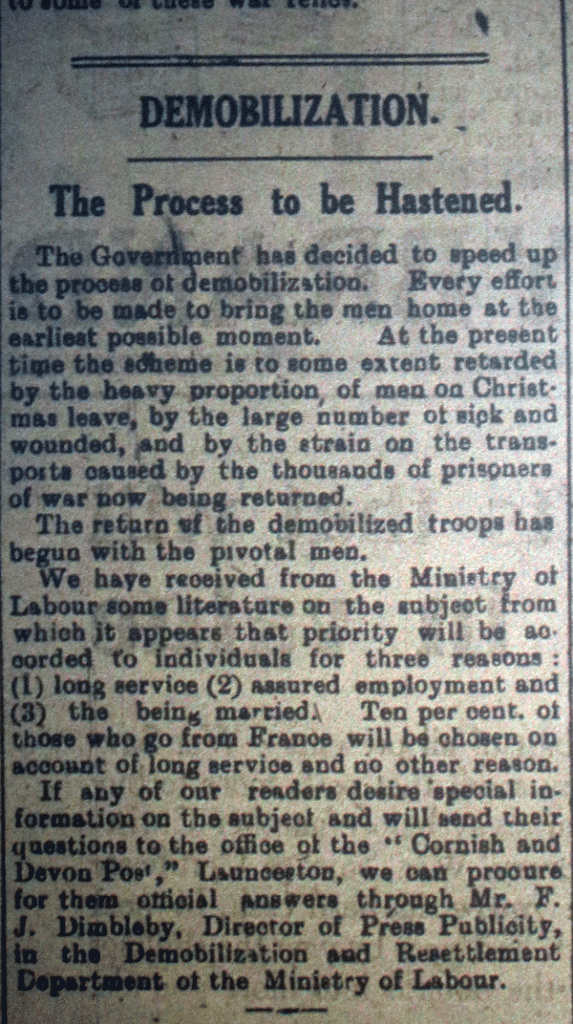 Demobilisation, December 7th, 1918.