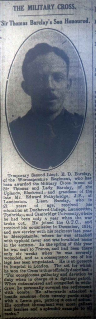 E. D. Barclay Military Cross July 1917