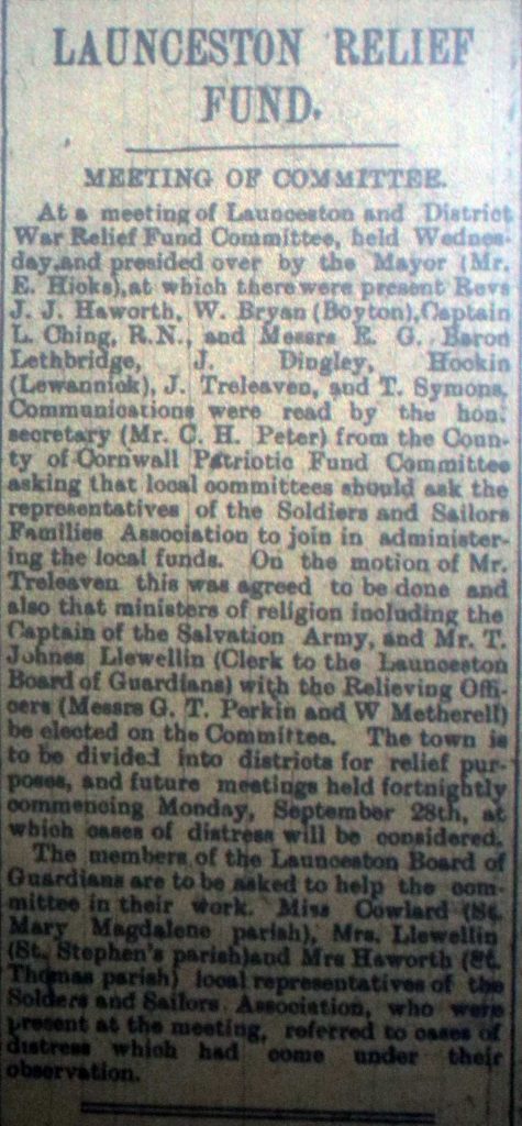 Launceston District Relief Fund September 12th, 1914