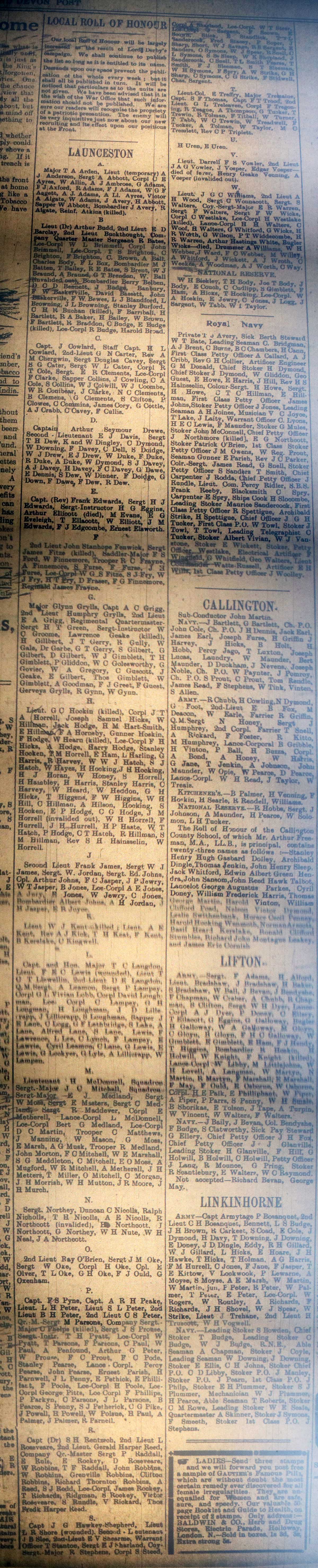 Launceston Roll of Honour January 1st, 1916