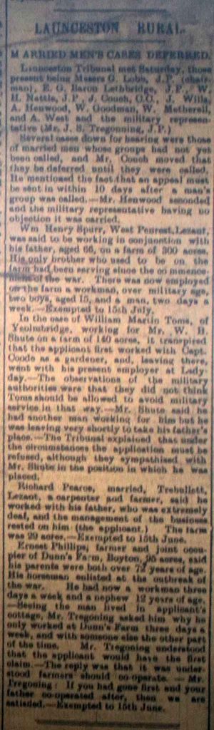 Launceston Rural Tribunal April 19th, 1916