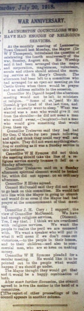 Launceston Town Council Meeting July 20th, 1918.