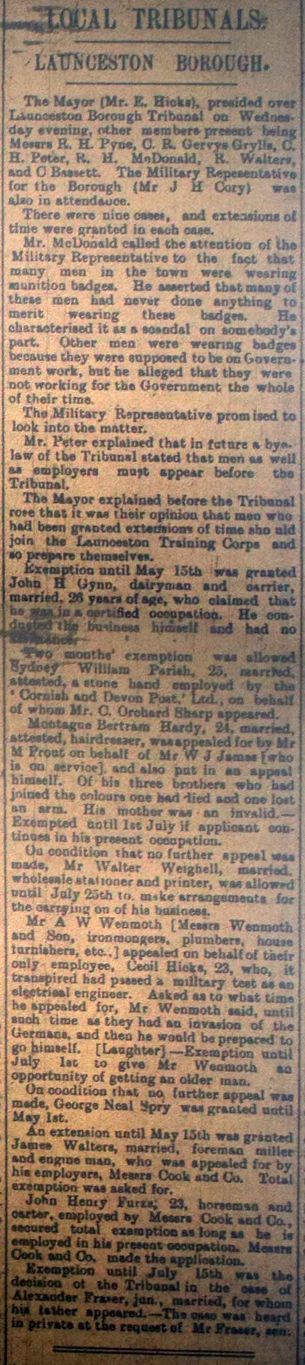 Launceston Tribunal April 12th, 1916
