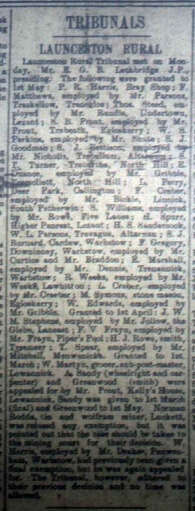 Launceston Tribunal January 13th, 1917