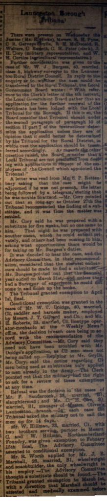Launceston Tribunal January 20th, 1917