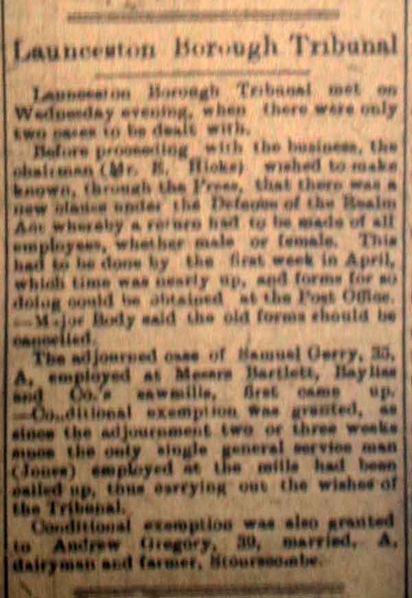 Launceston Tribunal March 31st, 1917
