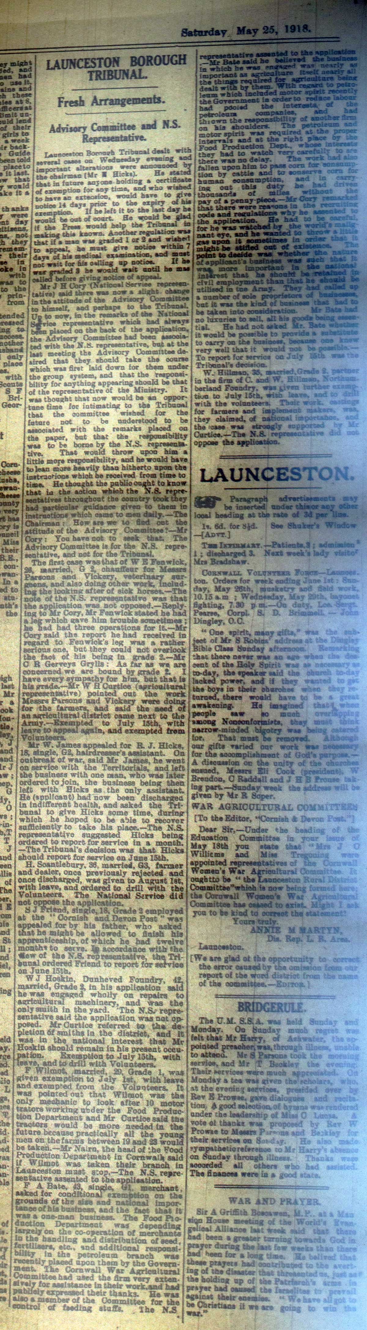 Launceston Tribunal, May 25th, 1918.