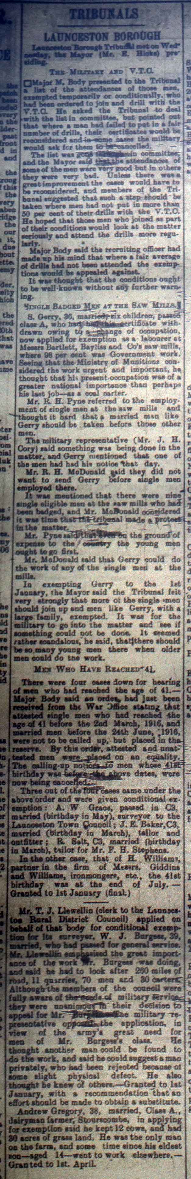 Launceston Tribunal November 4th, 1916