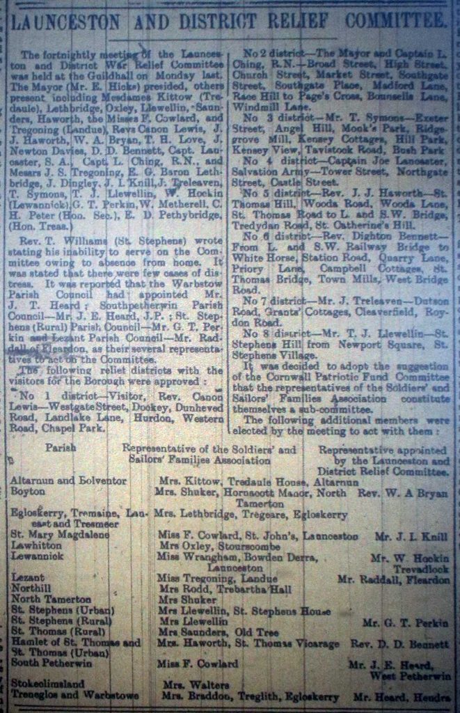 Launceston and District War Relief Committee October 3rd 1914