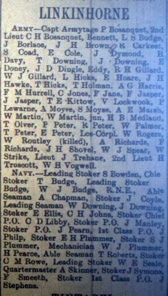 Linkinhorne Roll of Honour February 1916