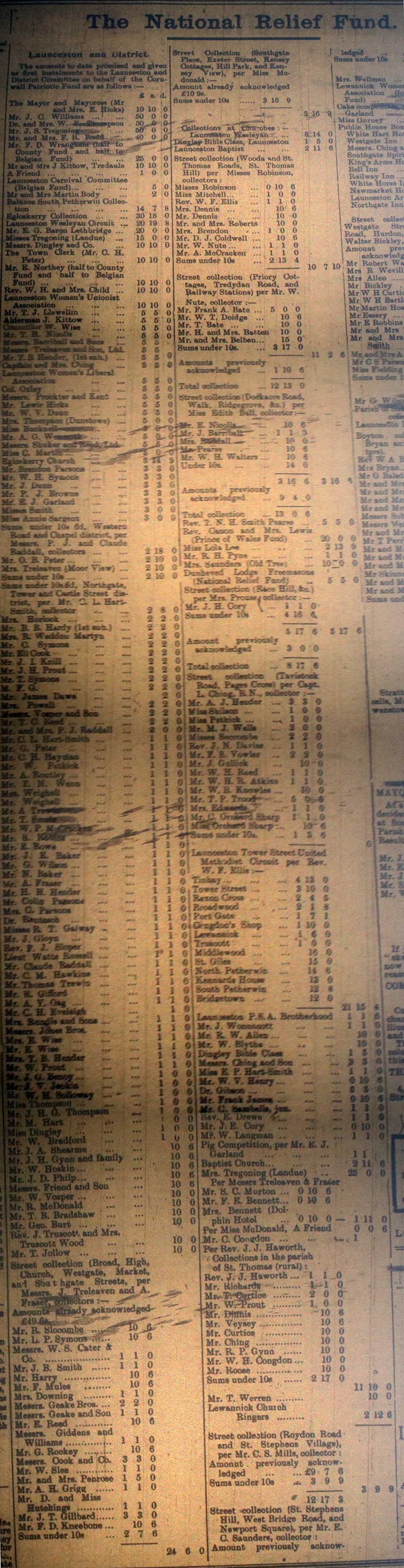 National Relief Fund from Launceston District November 4th 1914