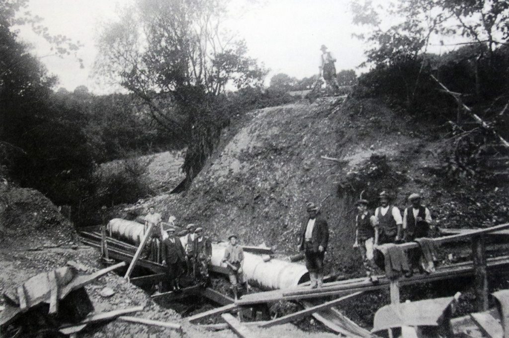 Navvies building the railway at Newmills in the Kensey Valley c.1891.
