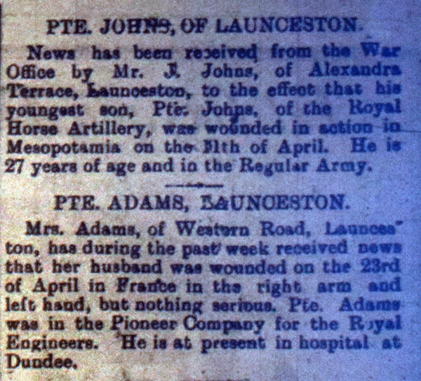 Private Adams and Johns wounded notification, May 5th, 1917