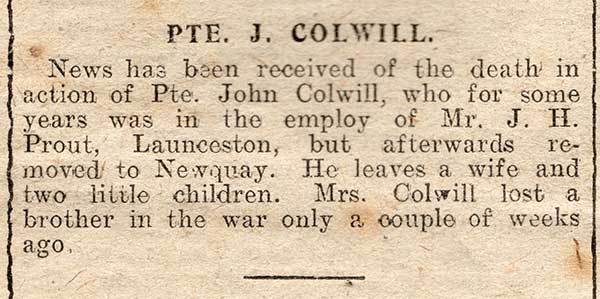 Private John Colwill death announcement, September 8th, 1917