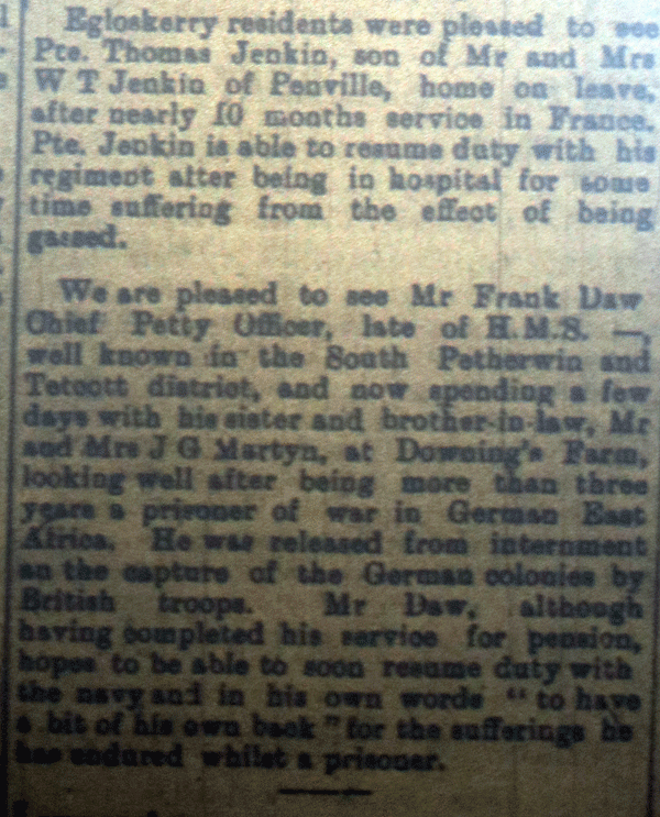 Private Thomas Jenkin Home on Leave February 1918