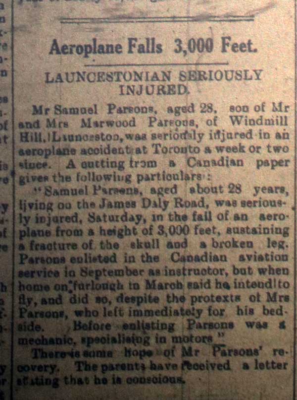 Samuel Parson, Aeroplane Accident, August 4th, 1918.