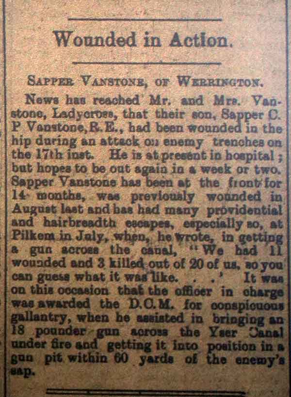 Sapper C P Vanstone Wounded April 1916