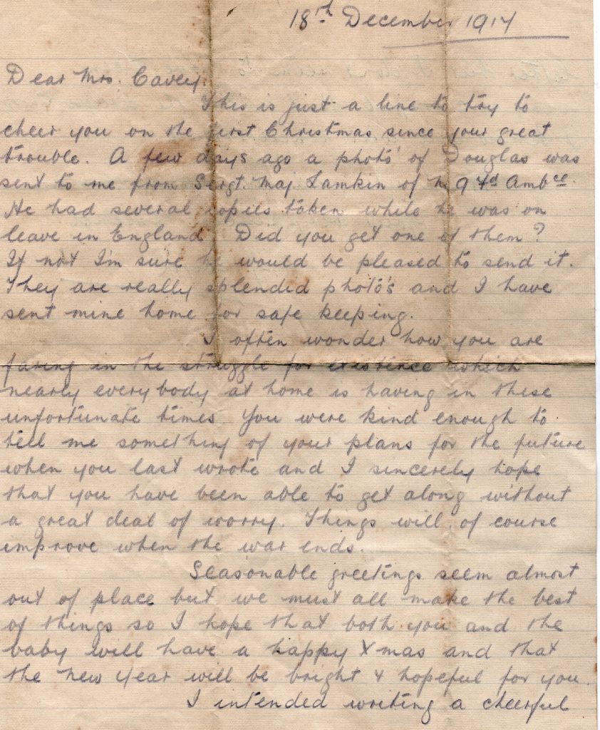 A. J. Boyd's Letter to Mrs Cavey December 18th, 1917, Page one