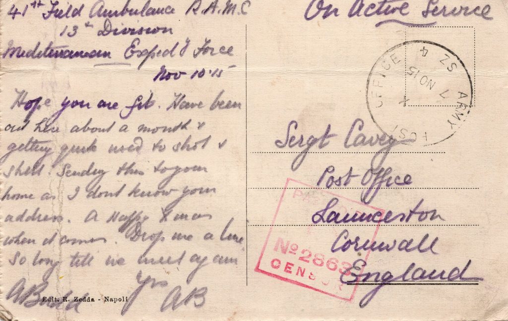Arthur Budd's Postcard to D. Cavey November 1915