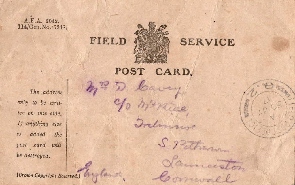 Doug Cavey letter receipt 30 July 1917