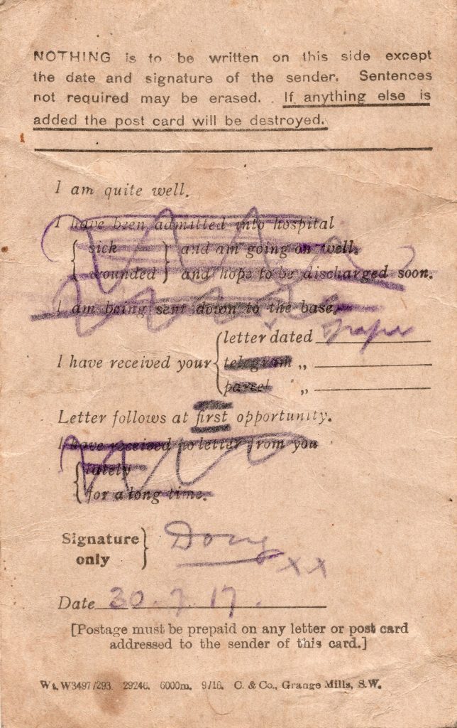 Doug Cavey letter receipt 30 July 1917