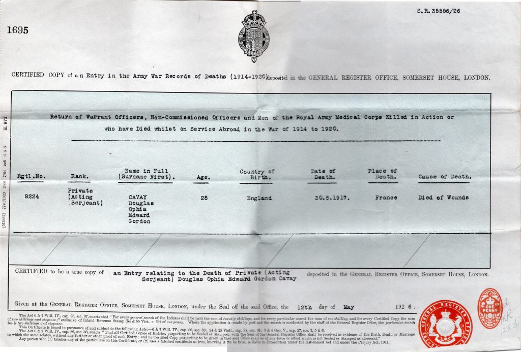 Douglas Cavey's Death Certificate, May 12th, 1926.