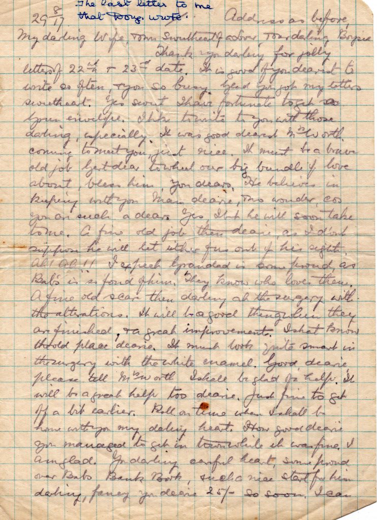 Doug Cavey's last letter to his wife August 29th, 1917