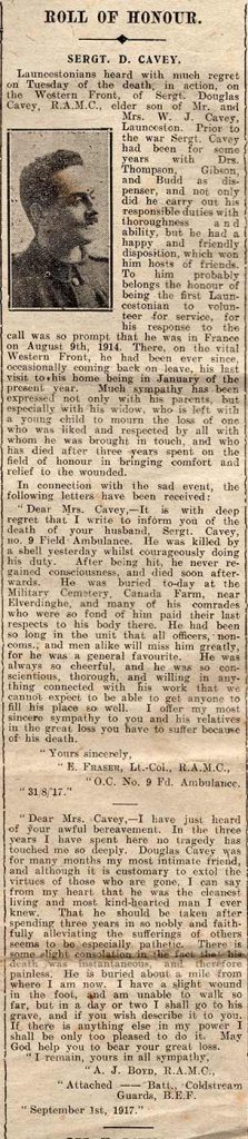 Launceston Weekly News report of Douglas's death September 8th, 1917