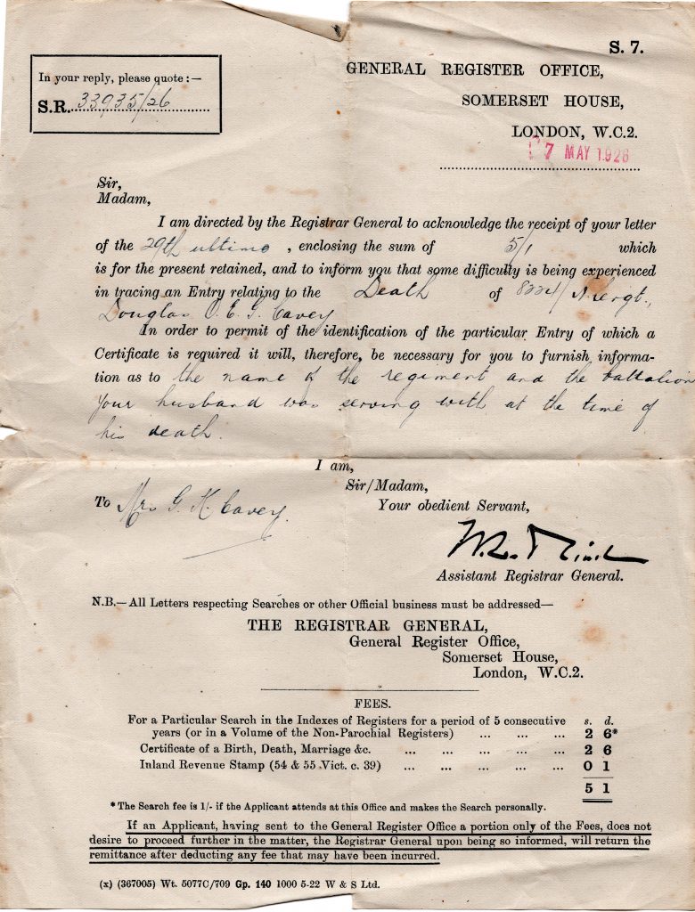 Somerset House letter dated May 17th, 1926