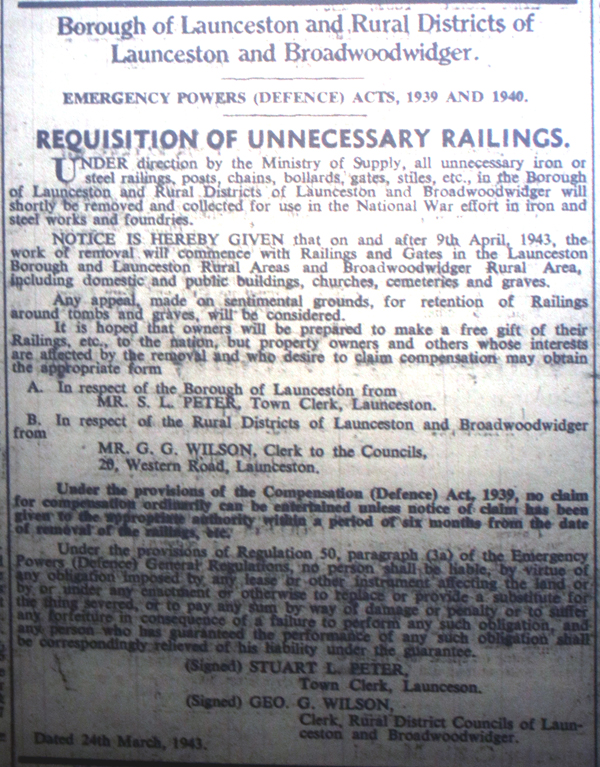 Removal of Railings Notification April 9th, 1943.