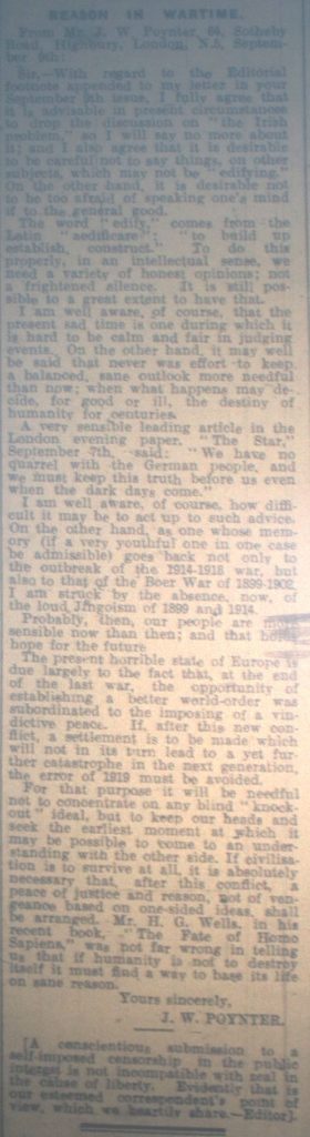 Reason for war letter September 16th, 1939