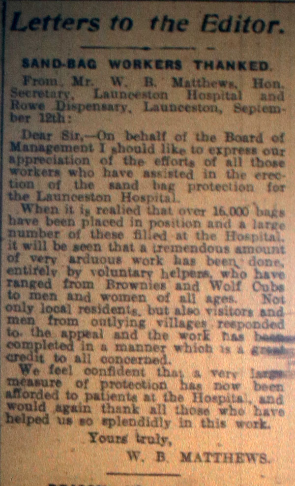 Sandbag workers thanked September 16th, 1939