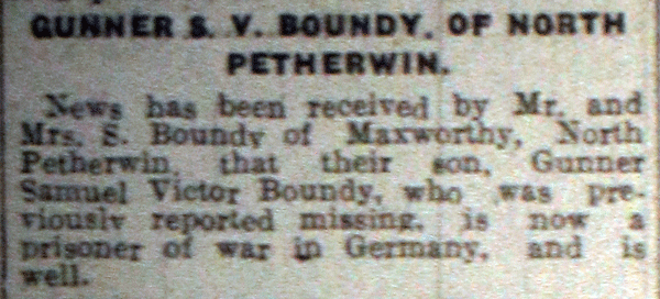 Gunner Boundy P.O.W. September 7th, 1940.