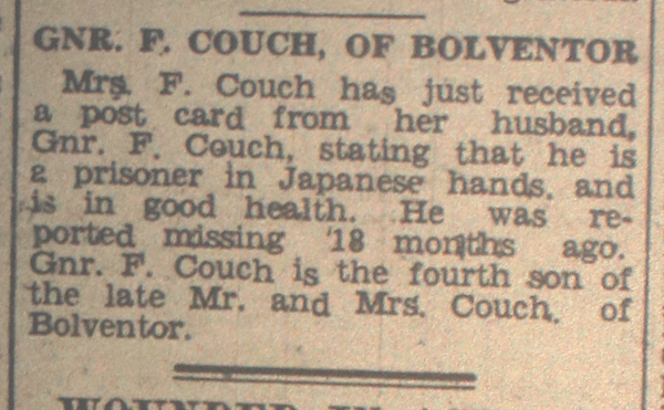 Gunner Couch of Bolventor POW, August 1943.