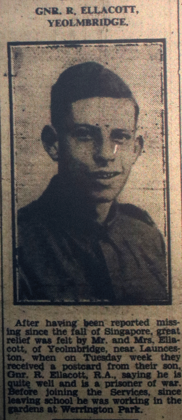 Gunner R. Ellacott P.O.W. July 1943.
