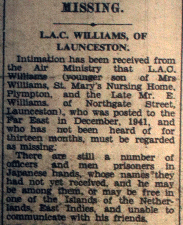 L. Williams Missing in Action, April 17th, 1943.
