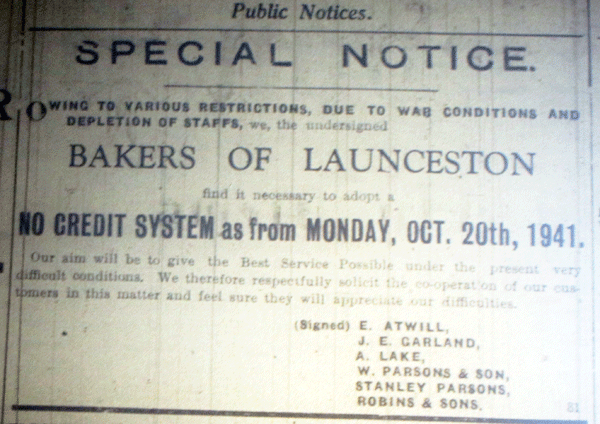 Launceston Bakers Notice, October 11th, 1941.