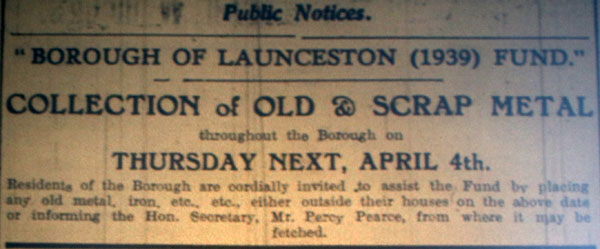 Launceston Scrap Metal Collection Notice March 30th, 1940.