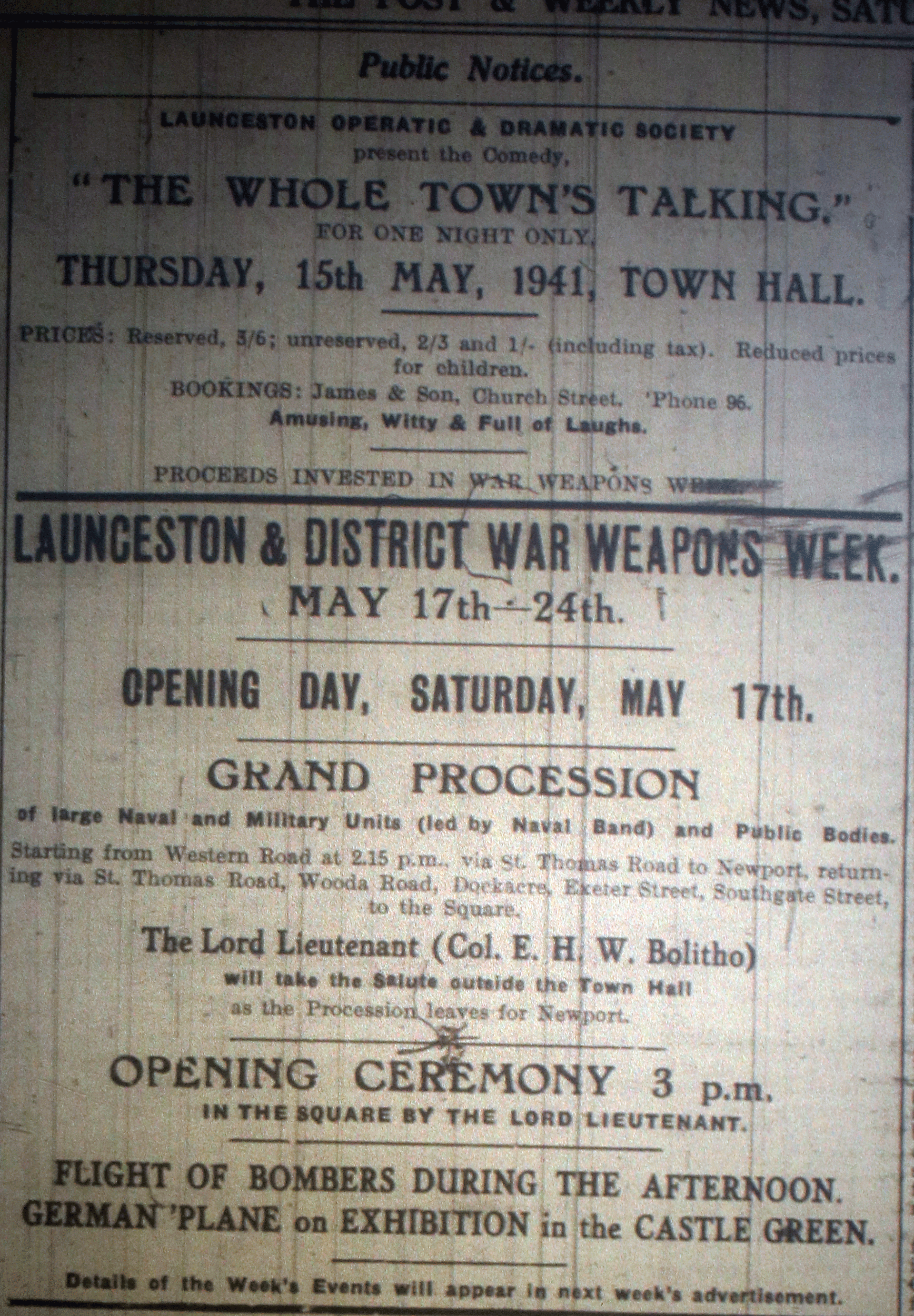 Launceston War Weapons Week Notice April, 1941.