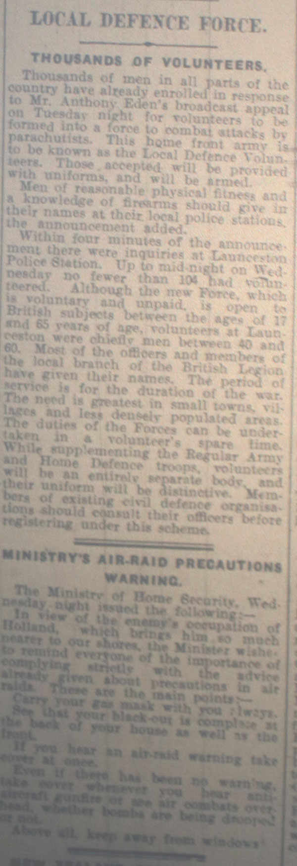 Local Defence Force May 9th, 1940.