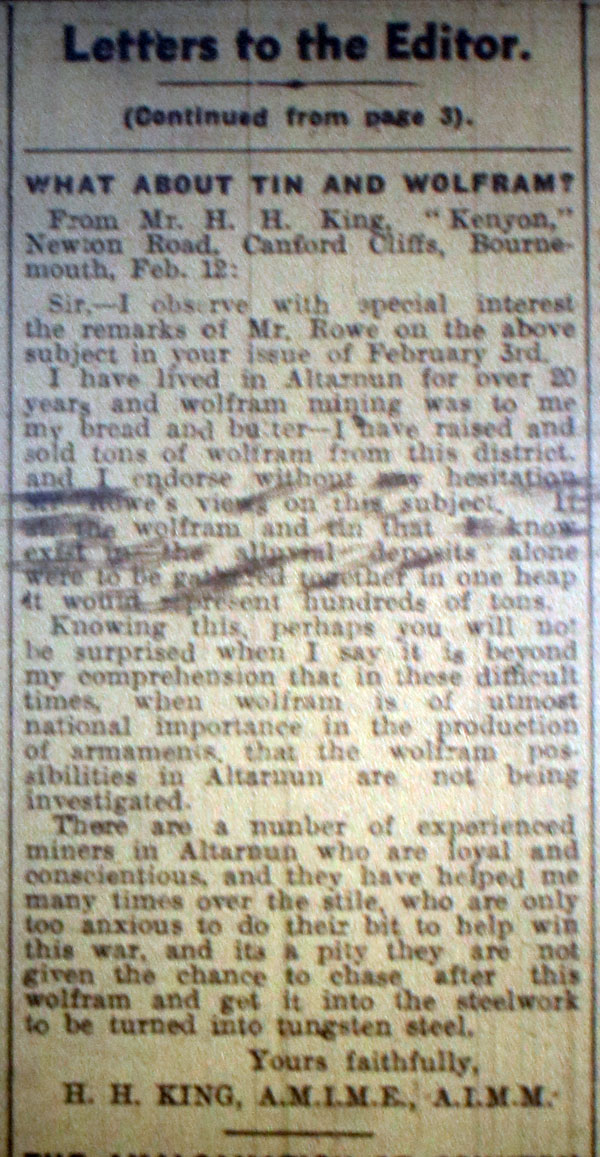 Mining letter February 17th, 1940