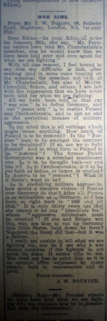 War aims letter February 3rd, 1940