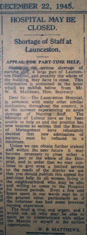 Closing Launceston Hospital due to staff shortage, December 1945