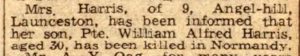Death announcement of William Harris Friday, July 14th, 1944.