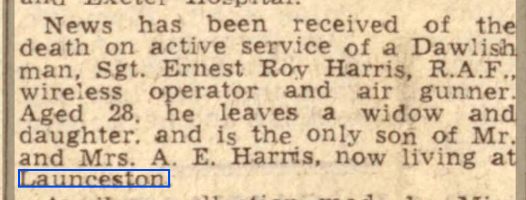 Death of Ernest Roy Harris October 9th, 1942.
