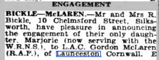 Gordon McLaren engagement December 10th, 1942.