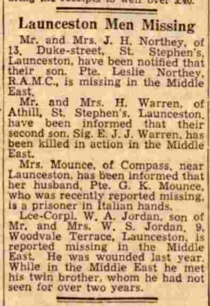 Launceston Men Missing August 7th, 1942.