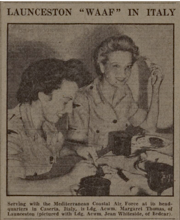 Ldg. Acwm Margaret Thomas at the HQ of the Mediterranean Coastal Air Force, September 1945.