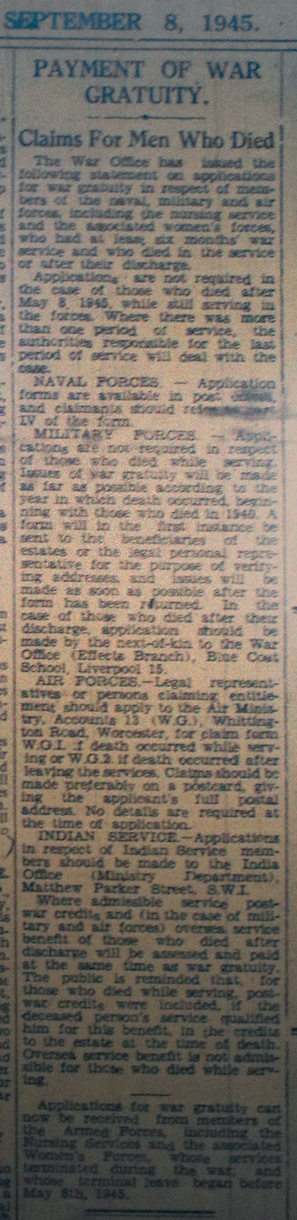 Payments of War Gratuity, September 1945.