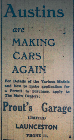Prouts Garage Advert December 1945.
